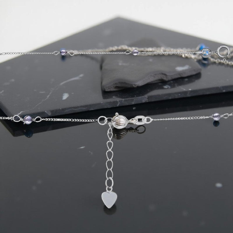 Sterling Silver Ankle Bracelet with Amethyst Beads, Heart Charm FB1963 🔮