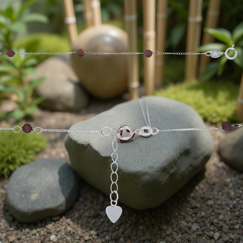 Sterling Silver Ankle Bracelet with Amethyst Beads, Heart Charm FB1963 🔮