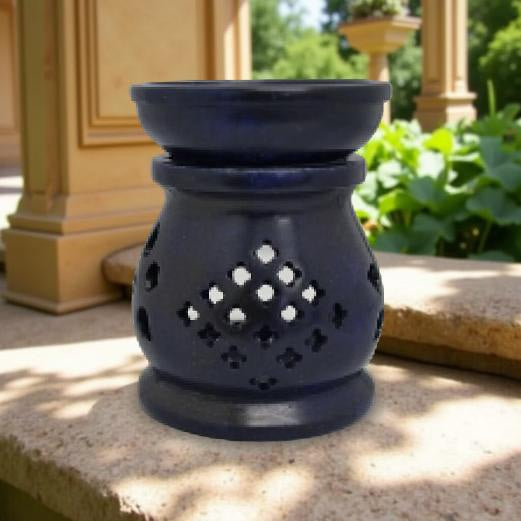Oil Diffuser / Burner Carved Blue Soapstone with Clover Cutouts FB1354 💙