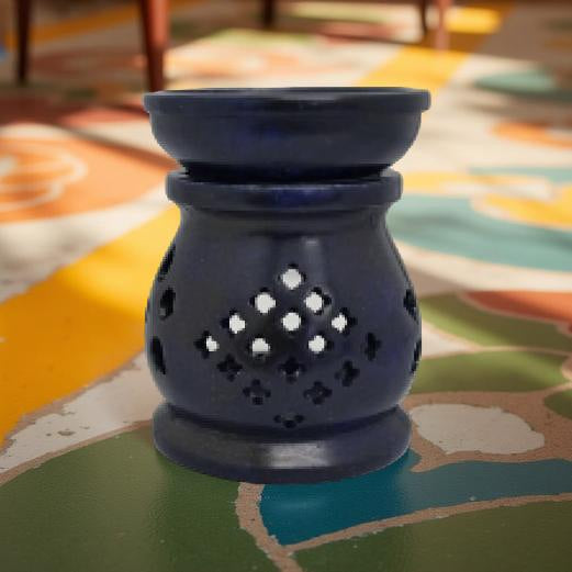 Oil Diffuser / Burner Carved Blue Soapstone with Clover Cutouts FB1354 💙