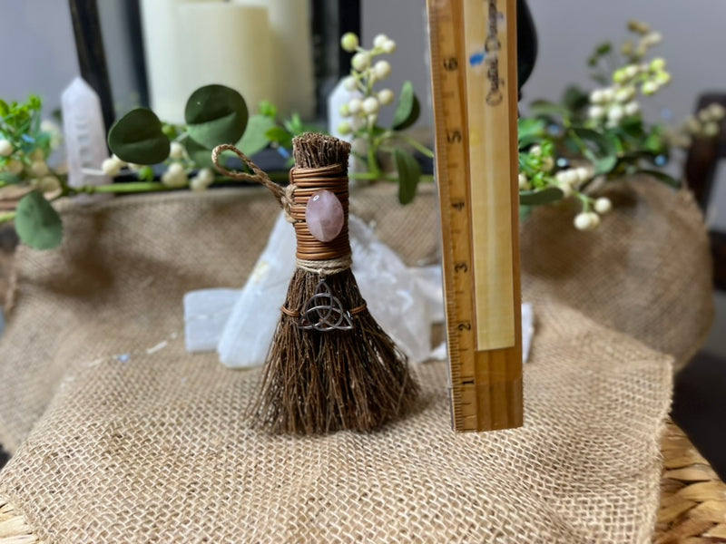 Triquetra Besom Witch Broom with charm, and Amethyst or Rose Quartz FB3258
