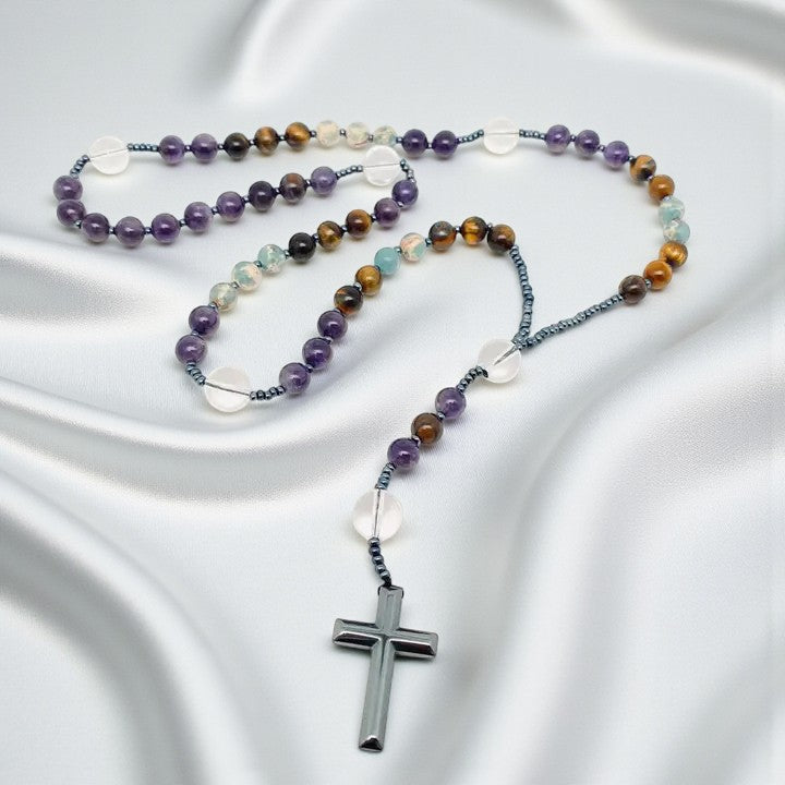 Amethyst, Agate and Tiger Eye Beaded Necklace with Hematite Cross FB3116 🪽💠🪽