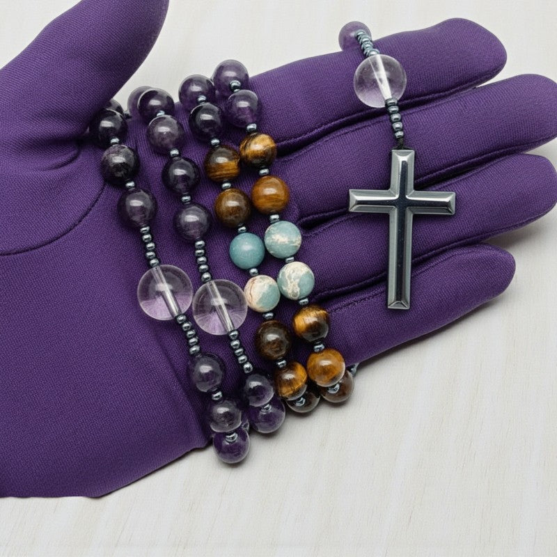 Amethyst, Agate and Tiger Eye Beaded Necklace with Hematite Cross FB3116 🪽💠🪽