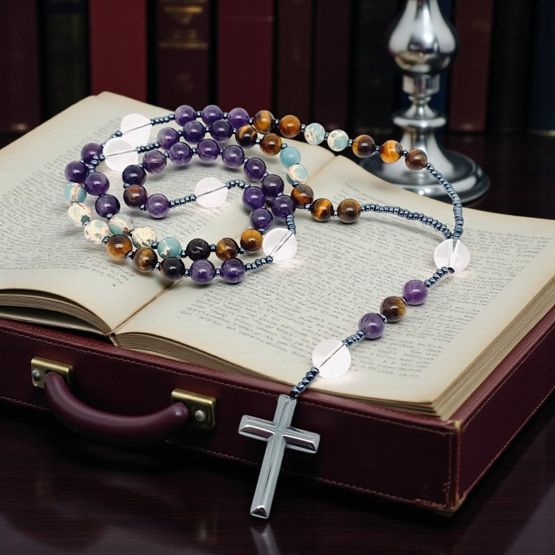 Amethyst, Agate and Tiger Eye Beaded Necklace with Hematite Cross FB3116 🪽💠🪽