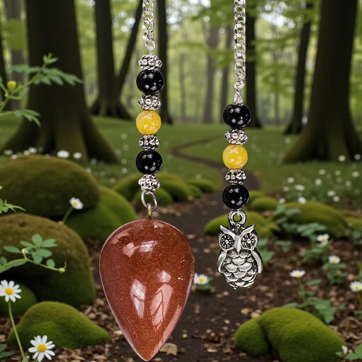 Black Agate & Red Goldstone Pendulum with Owl Charm FB3189 🦉
