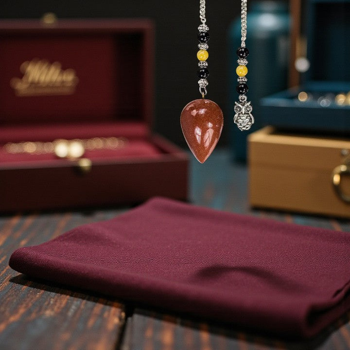 Black Agate & Red Goldstone Pendulum with Owl Charm FB3189 🦉