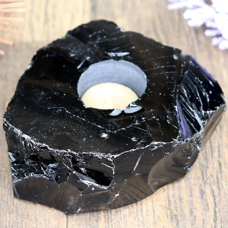 Black Obsidian Natural Free Form Tea Light Candle Holder FB3341