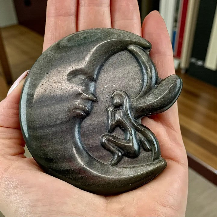 Black Sheen Obsidian Moon and Fairy Figurine Carving FB2603 🪽🌟🪽
