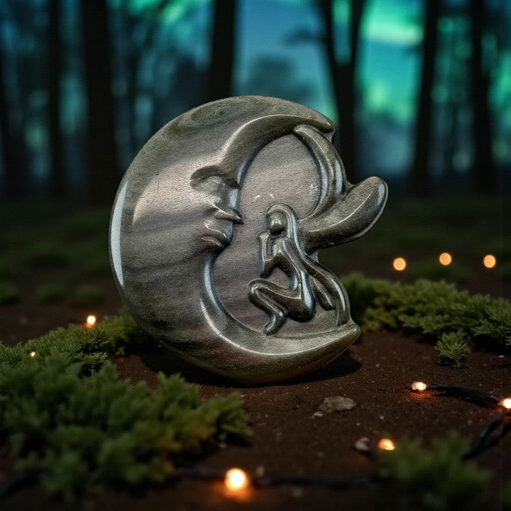 Black Sheen Obsidian Moon and Fairy Figurine Carving FB2603 🪽🌟🪽