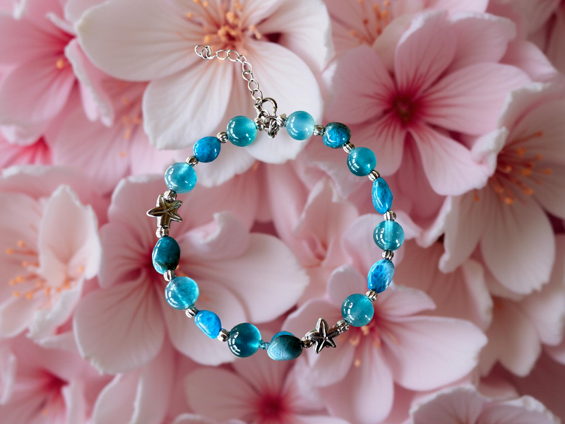 Aquamarine and Apatite Beaded Bracelet with Starfish Charms FB1761 🌟