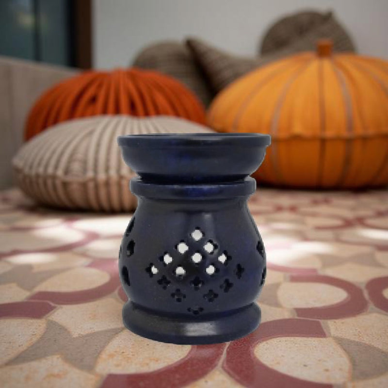 Oil Diffuser / Burner Carved Blue Soapstone with Clover Cutouts FB1354 💙
