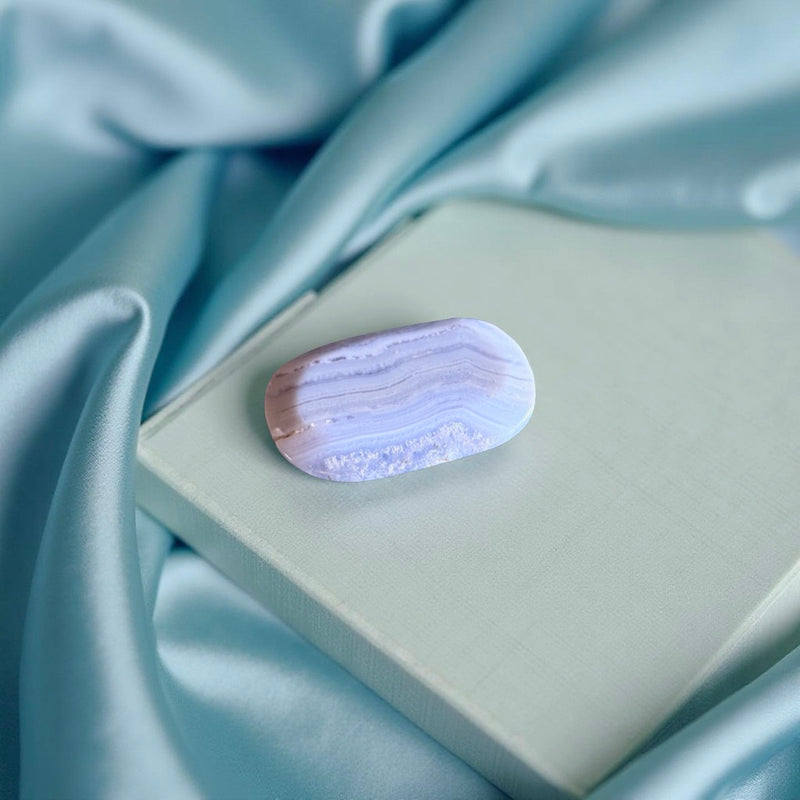 Blue Lace Agate Small Palm Stone from South Africa, Bonus White Sage Smudge Stick FB1674 💙