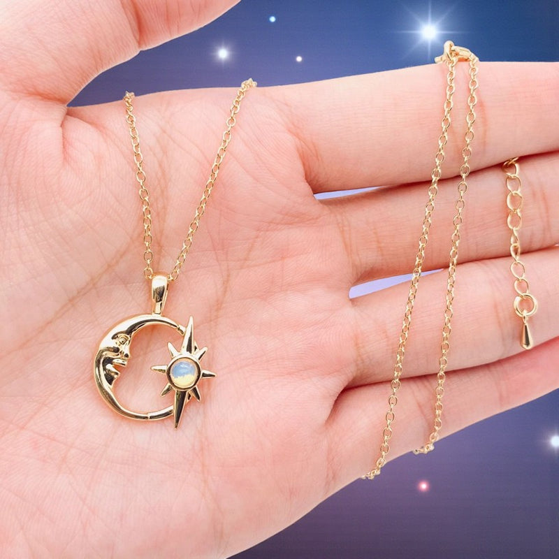 Crescent Moon & Opal Star Necklace FB2943 🌟