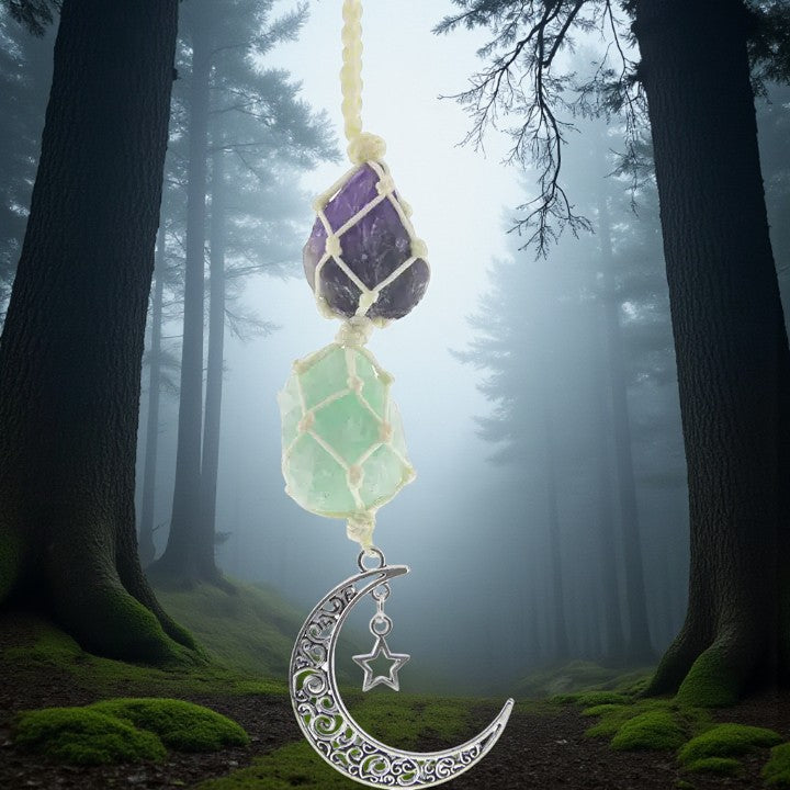 Metal Crescent Moon & Rough Amethyst / Green Aventurine Hanger FB3126 💚💛💚