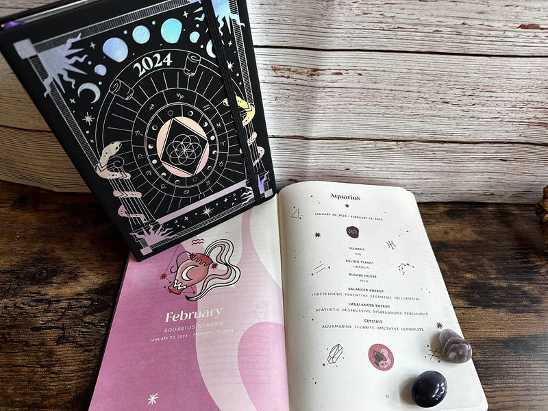Embossed Journal / 2024 Planner, Black or Pink Silver Holographic Cover, Crystal & Moon Pages+ 3 tumbleds FB1882