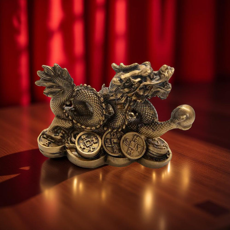 Money Dragon Figurine, Gold Resin, Feng Shui FB2371 🪭