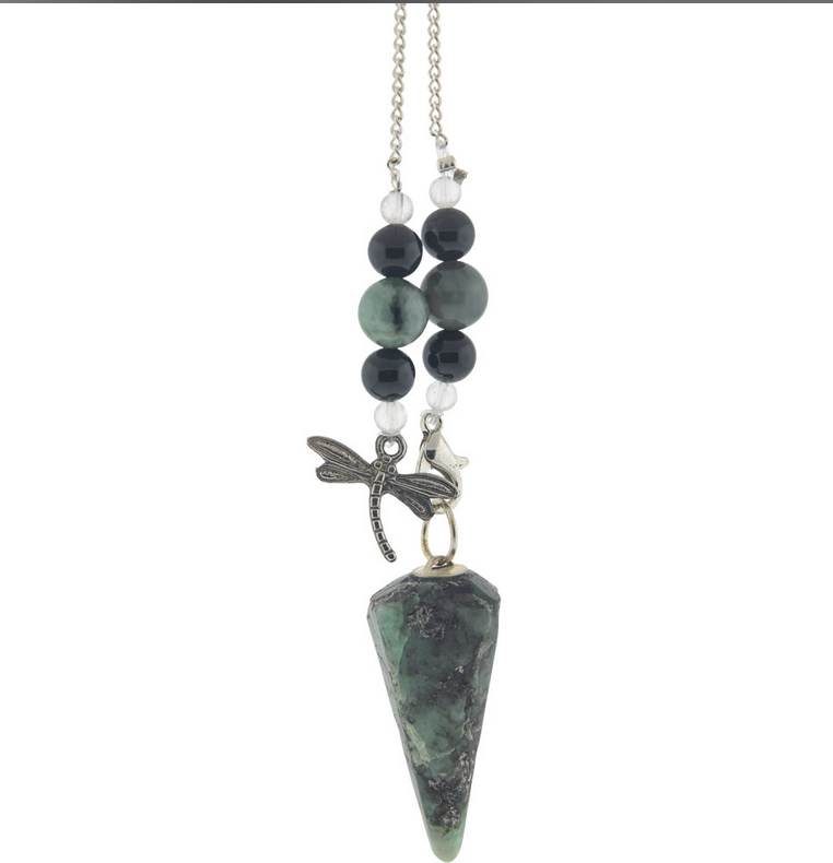 Emerald Pendulum, Beaded with Dragonfly Charm FB3383