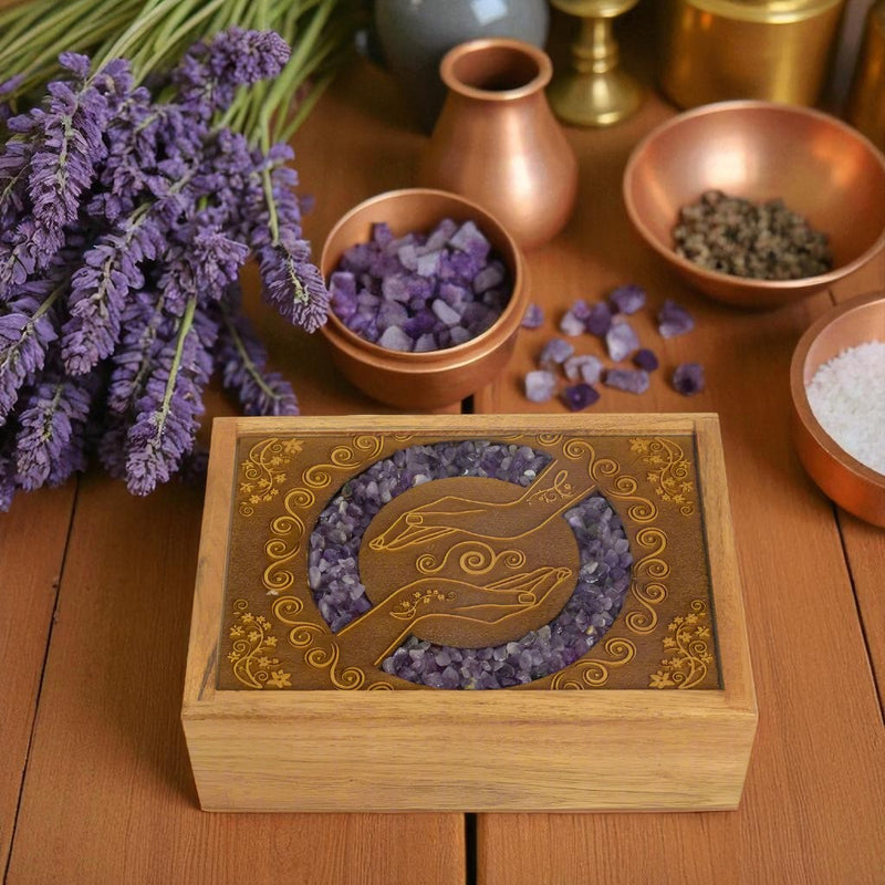 Wood Box, Velvet Lined, Laser Etched with Healing Hands and with Amethyst Inlay FB3001 🪷