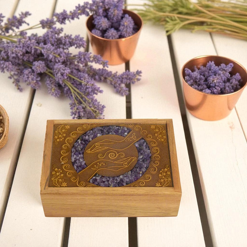 Wood Box, Velvet Lined, Laser Etched with Healing Hands and with Amethyst Inlay FB3001 🪷