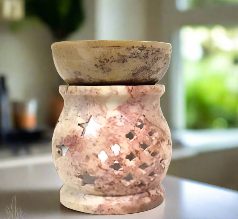 Oil Diffuser / Burner Carved Light Stone Soapstone with Stars Cutouts FB1311 🪭