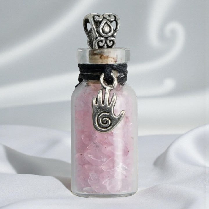 Gemstone Chip Bottle Pendant with Rose Quartz and Healing Hand Charm FB1423 🌸