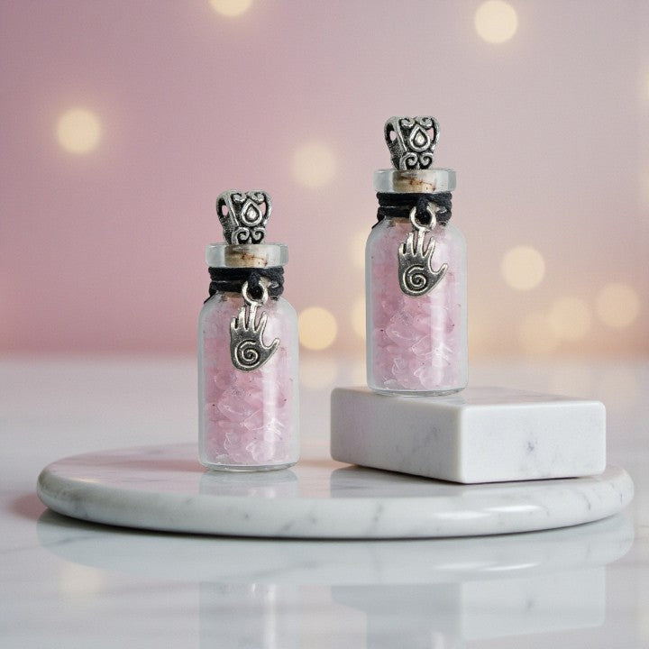 Gemstone Chip Bottle Pendant with Rose Quartz and Healing Hand Charm FB1423 🌸