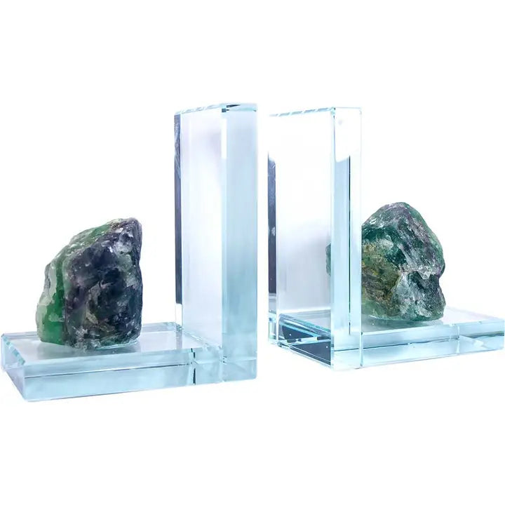 Glass L Shape Bookends with Assorted Natural Gemstone Rough FB2944 🌸💚🌸
