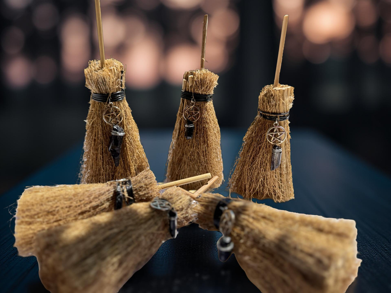 Raffia Witch Broom with charm and Black Tourmaline or Black Obsidian Point FB2764