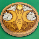 Laser Etched Wood Round Incense Holder - Moon Goddess Rainbow Moonstone Inlay FB2402 🌟