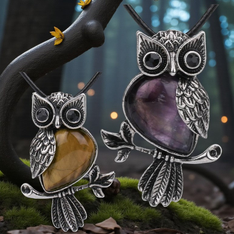 Gemstone Owls on Branch in Assorted Gemstones with cord, Totem Spirit Animal FB3477 🧚‍♀️