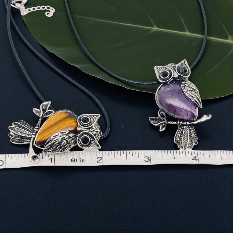 Gemstone Owls on Branch in Assorted Gemstones with cord, Totem Spirit Animal FB3477 🧚‍♀️