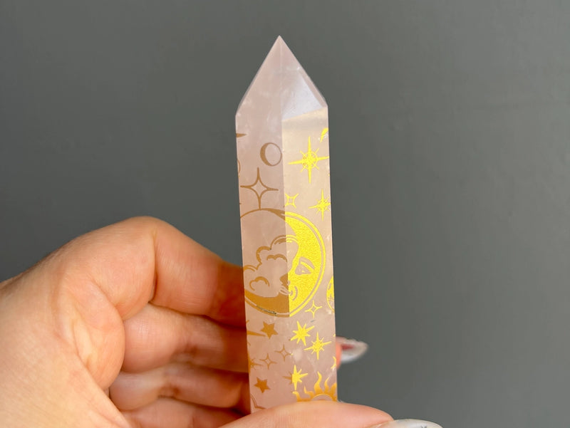 Rose Quartz Moon / Stars Etched Standing Generator Polished Point (Tower) FB1897
