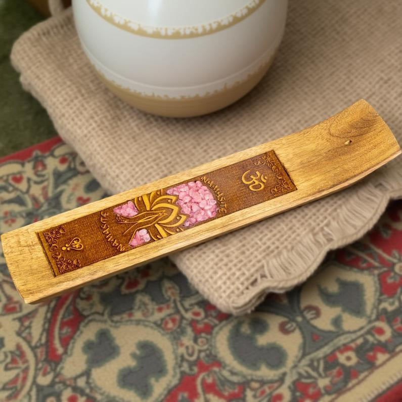Laser Etched Wood Stick Incense Holder -Namaste Rose Quartz Inlay FB1854 🌸