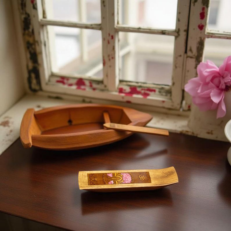 Laser Etched Wood Stick Incense Holder -Namaste Rose Quartz Inlay FB1854 🌸