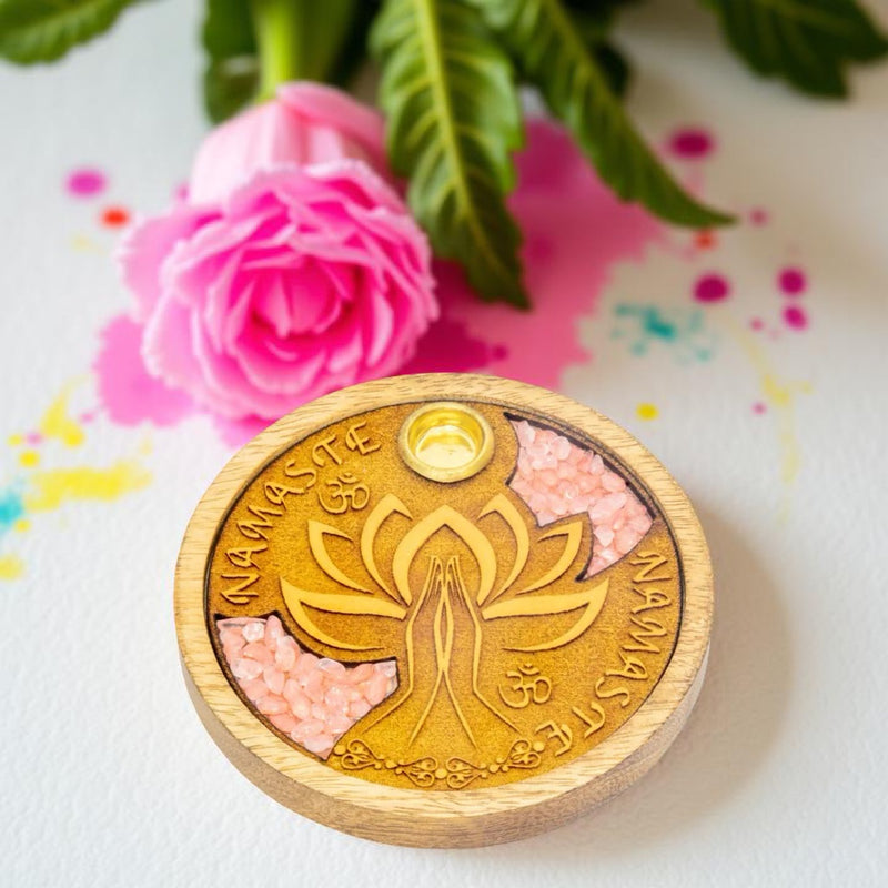Laser Etched Wood Round Cone Incense Holder -Namaste Rose Quartz Inlay FB1862 🌸