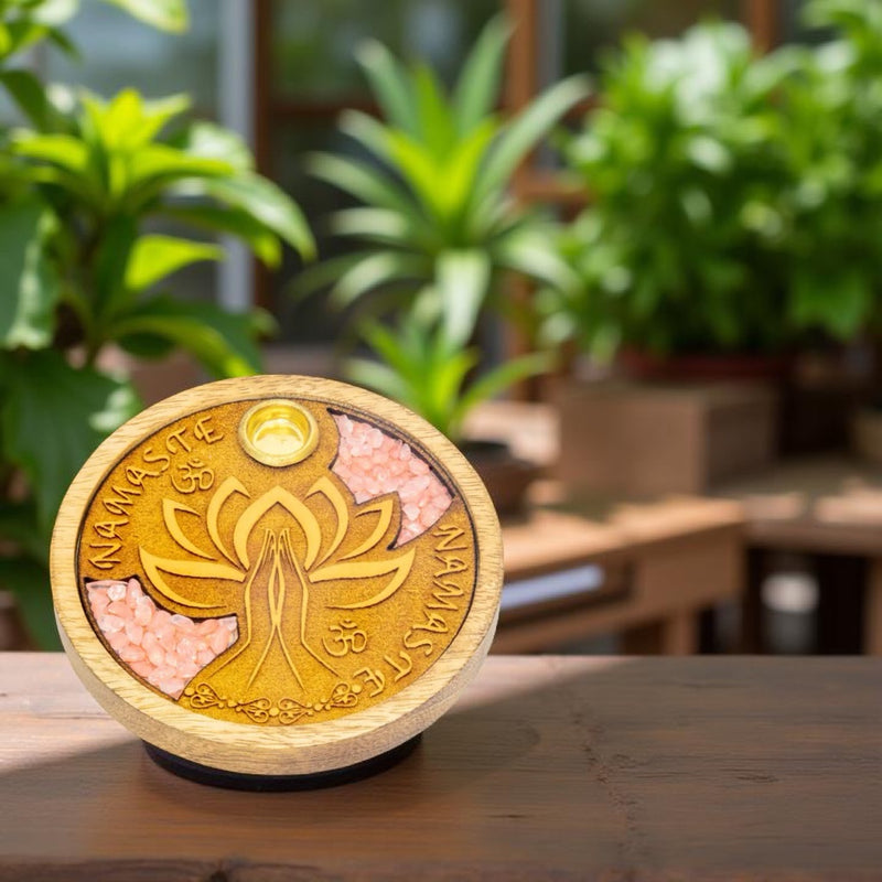 Laser Etched Wood Round Cone Incense Holder -Namaste Rose Quartz Inlay FB1862 🌸