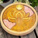 Laser Etched Wood Round Cone Incense Holder -Namaste Rose Quartz Inlay FB1862 🌸