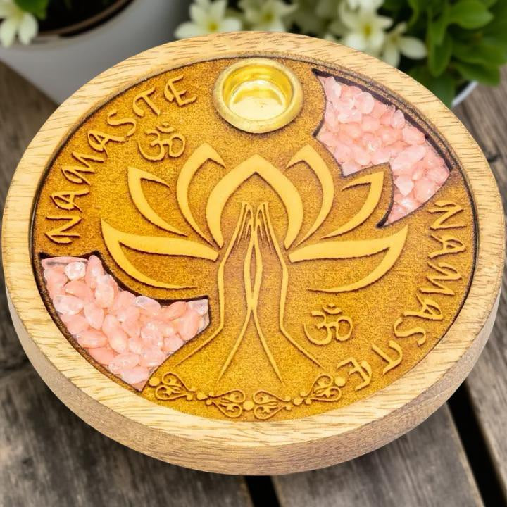 Laser Etched Wood Round Cone Incense Holder -Namaste Rose Quartz Inlay FB1862 🌸