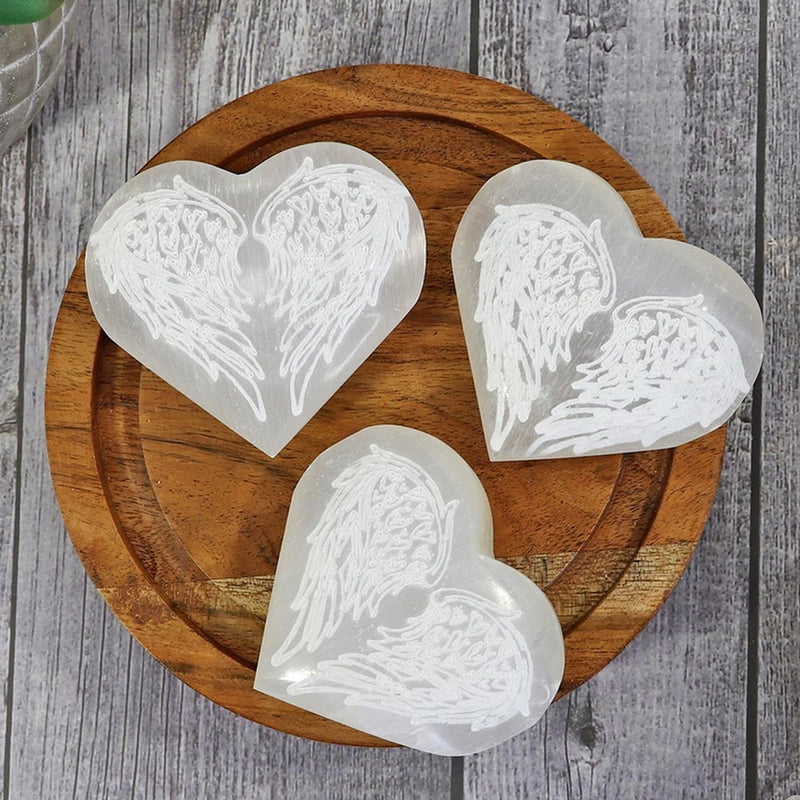 Selenite Heart with Etched Angel Wings from Morocco FB1802