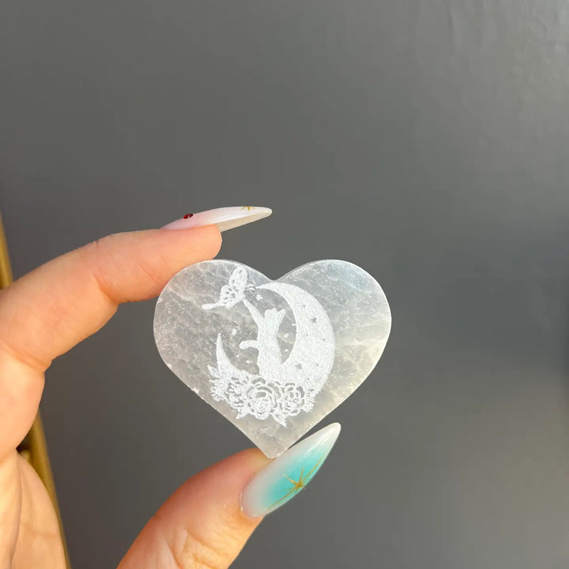 Selenite Heart with Etched Cat on a Crescent Moon from Morocco FB3407