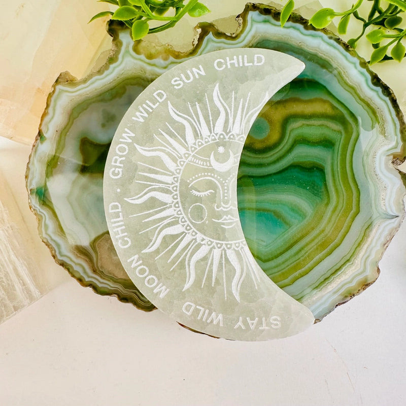 Selenite Crescent Moon with Sun Etching FB3117🌛