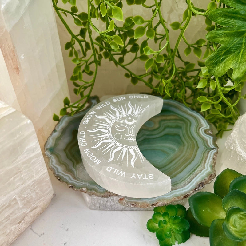 Selenite Crescent Moon with Sun Etching FB3117🌛