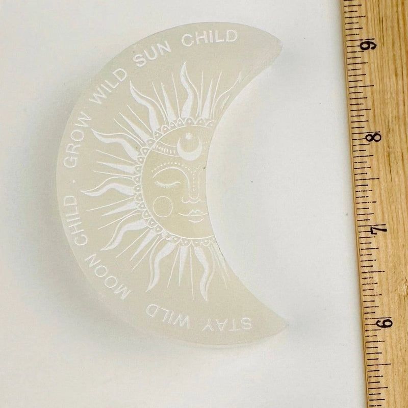 Selenite Crescent Moon with Sun Etching FB3117🌛