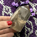 Smoky Quartz with "Hour Glass Tornado" Inclusion Standing Polished Point (Tower) FB1309 🍃
