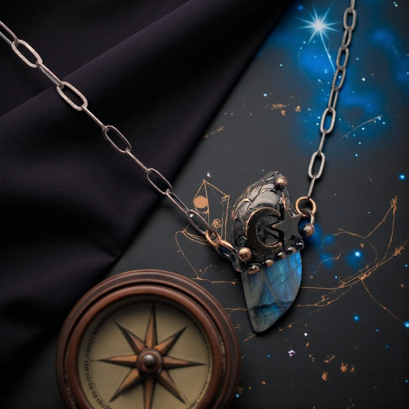 Labradorite Freeform with Copper Moon & Star Necklace FB3230 💠