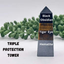 Triple Protection Obelisk, Standing Point Tower - Obsidian, Tiger Eye, Hematite FB2456 💙