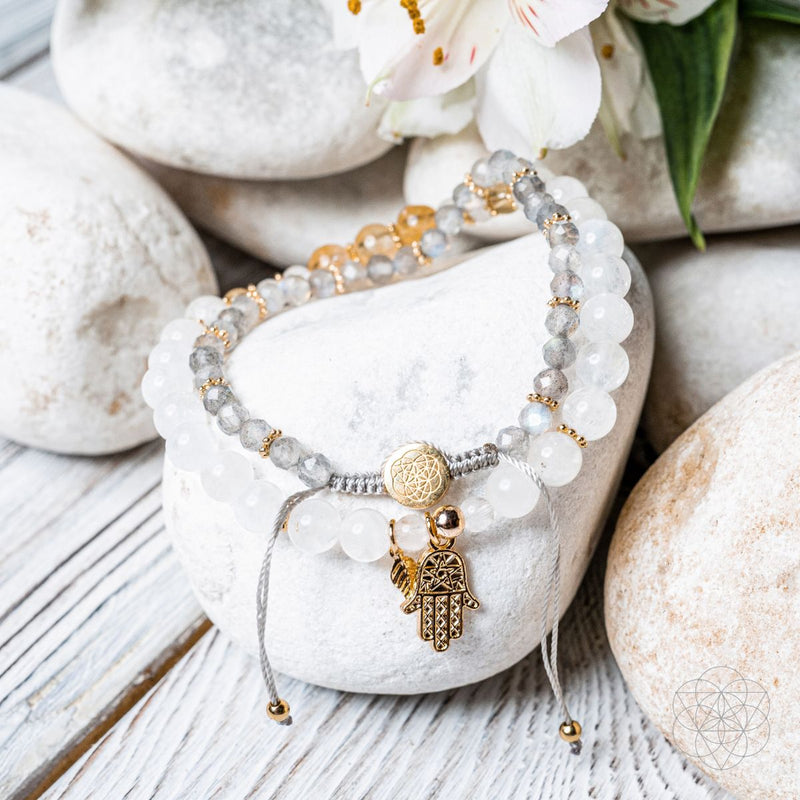 Citrine, Moonstone, Labradorite Prosperity 2 Bracelet Set, Gold Plated Hand of Fortune CI469 💛
