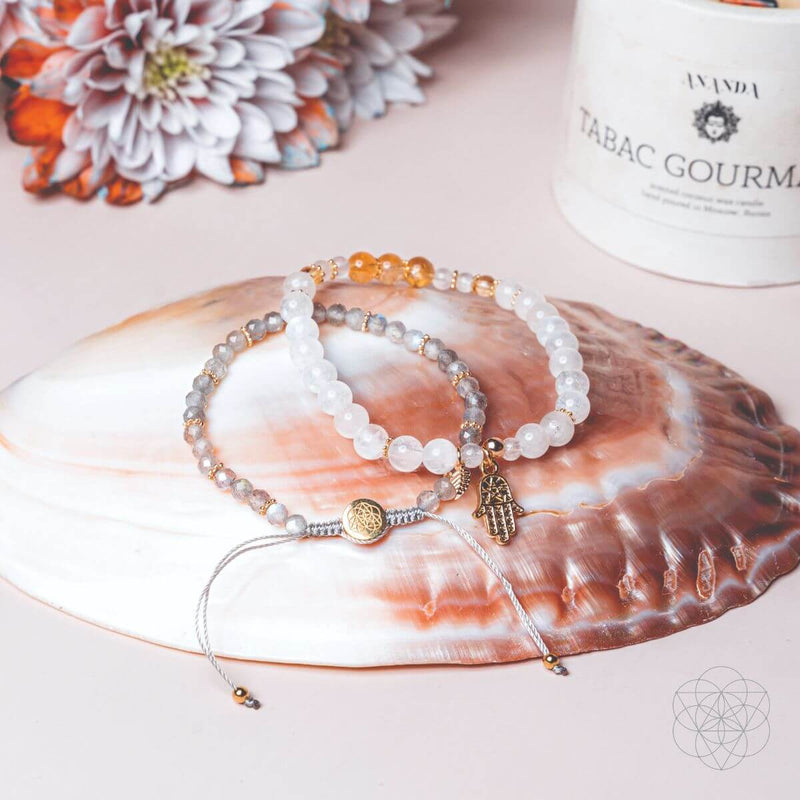 Citrine, Moonstone, Labradorite Prosperity 2 Bracelet Set, Gold Plated Hand of Fortune CI469 💛