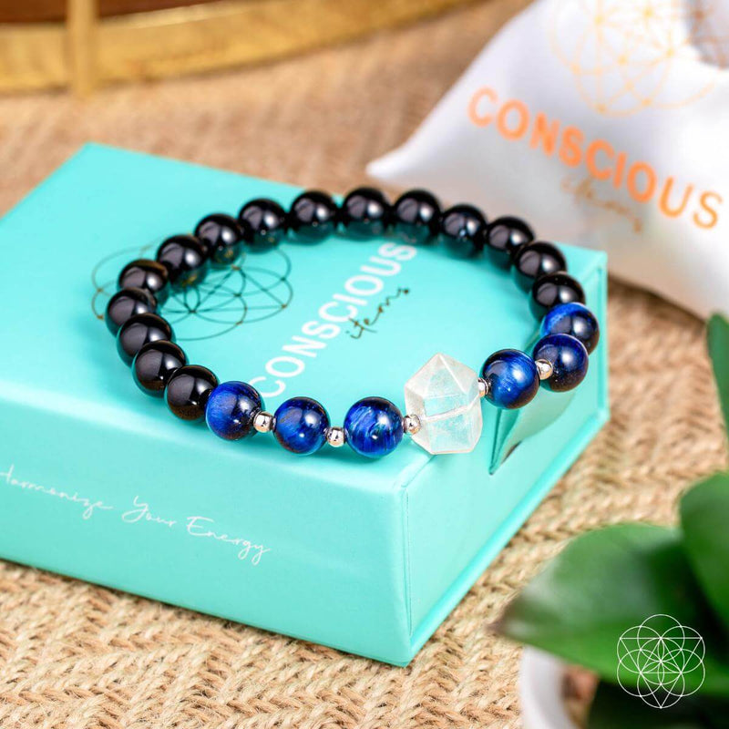 The Black Obsidian & Blue Tiger Eye Negativity Filter Bracelet CI589.🦜🪭🦜