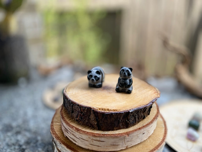 Panda Bear PAIR Spirit Stone Animal Carved from Black Obsidian FB3170 🐼